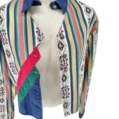 Vtg Sugar Ranch Western Shirt Womens L Multicolor Striped Color Block LS Buttons