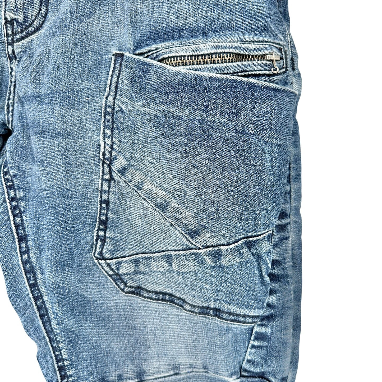ZLZ Denim Mens Blue Cargo Jeans Distressed Details Utility Pockets Size 32 x 31