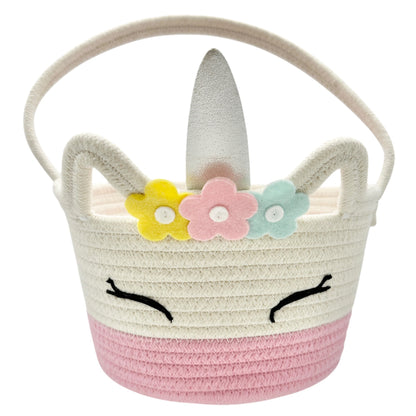 Unicorn-Themed Woven Rope Basket With Handle Pink White Easter Basket
