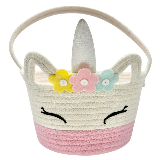 Unicorn-Themed Woven Rope Basket With Handle Pink White Easter Basket