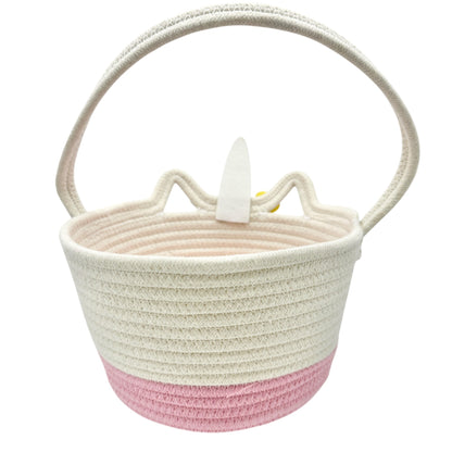 Unicorn-Themed Woven Rope Basket With Handle Pink White Easter Basket