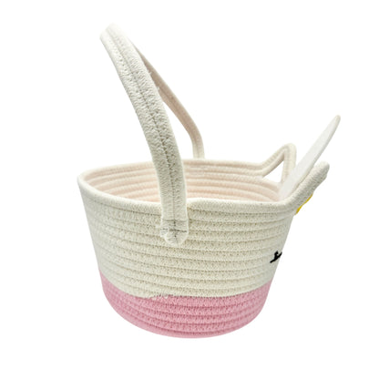 Unicorn-Themed Woven Rope Basket With Handle Pink White Easter Basket
