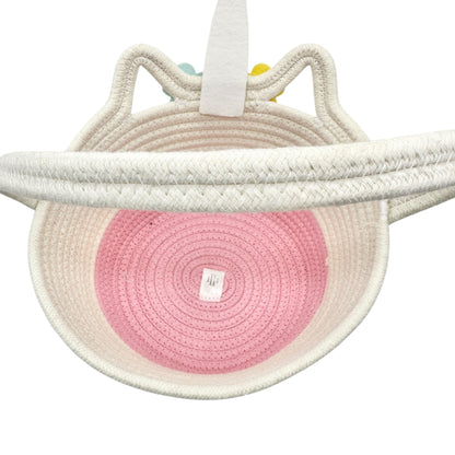 Unicorn-Themed Woven Rope Basket With Handle Pink White Easter Basket