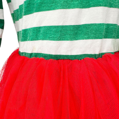 Festive Christmas Holiday Dress Girls L Green White Striped Top Red Tulle Skirt