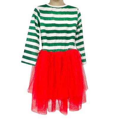 Festive Christmas Holiday Dress Girls L Green White Striped Top Red Tulle Skirt