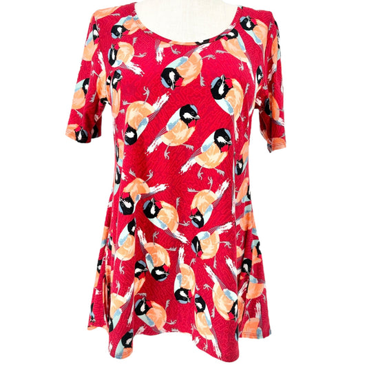 LuLaRoe Perfect Tee Top Womens M Red Bird Print Short Sleeve Casual Stretchy