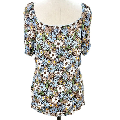 Cato Est 1946 Top Womens Size 22/24 Floral Ruched Blue White Brown SS Stretchy