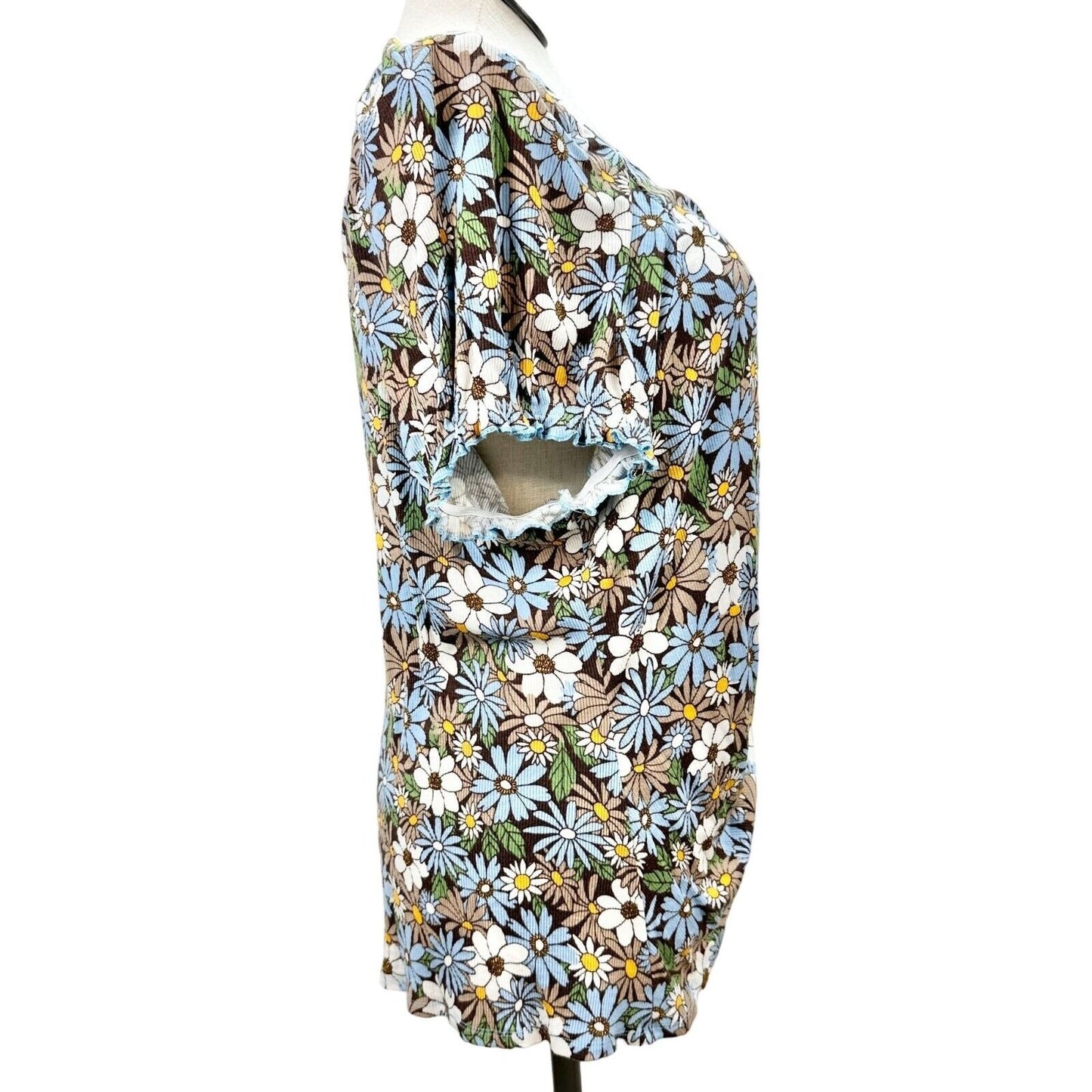 Cato Est 1946 Top Womens Size 22/24 Floral Ruched Blue White Brown SS Stretchy