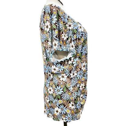Cato Est 1946 Top Womens Size 22/24 Floral Ruched Blue White Brown SS Stretchy
