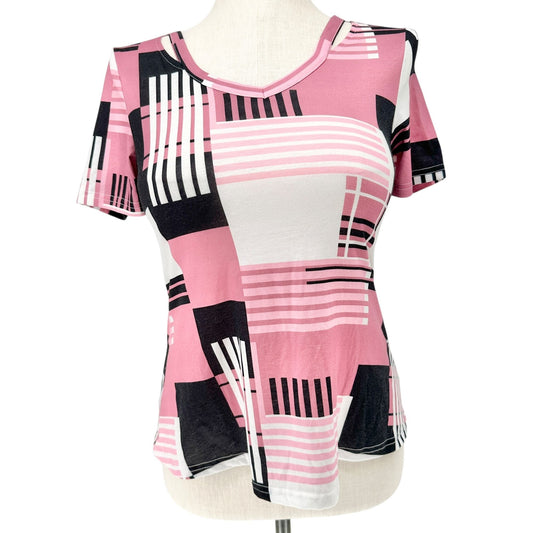 Womens Top Size M Pink Black White Geometric Print V-Neck Short Sleeve Polyester