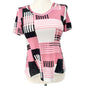 Womens Top Size M Pink Black White Geometric Print V-Neck Short Sleeve Polyester