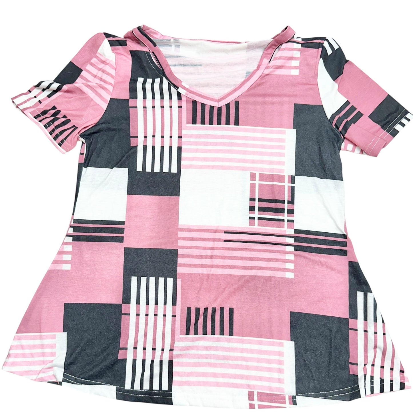 Womens Top Size M Pink Black White Geometric Print V-Neck Short Sleeve Polyester