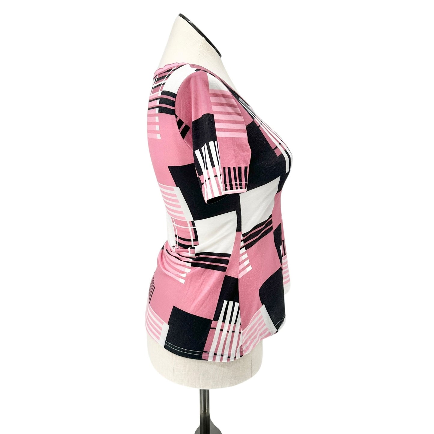 Womens Top Size M Pink Black White Geometric Print V-Neck Short Sleeve Polyester