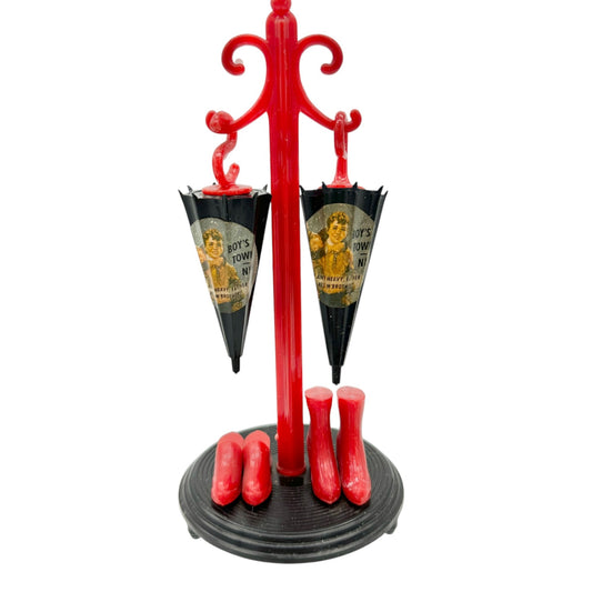 Vintage Novelty Umbrella Salt Pepper Shakers Stand Rain Boots Red Black Plastic