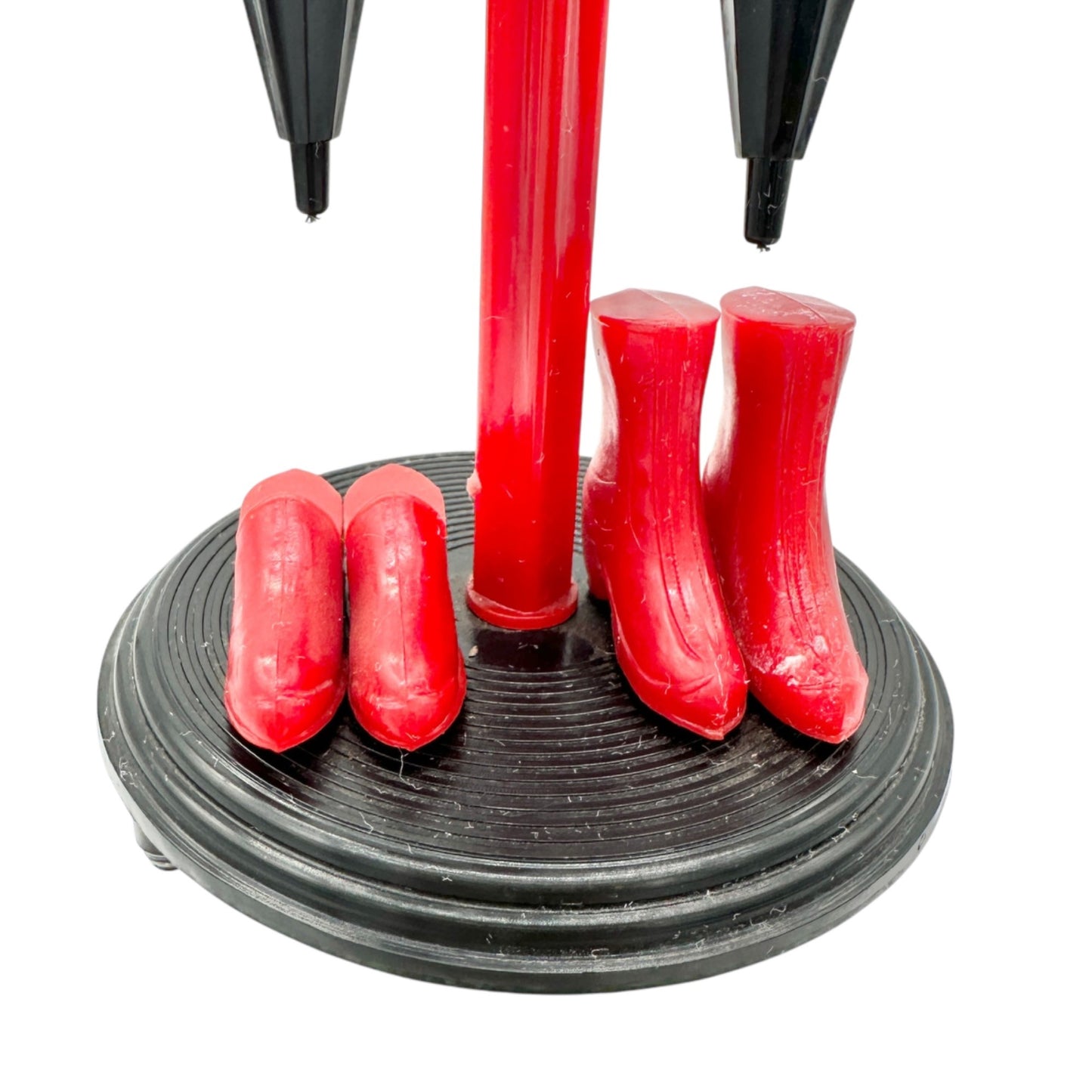 Vintage Novelty Umbrella Salt Pepper Shakers Stand Rain Boots Red Black Plastic