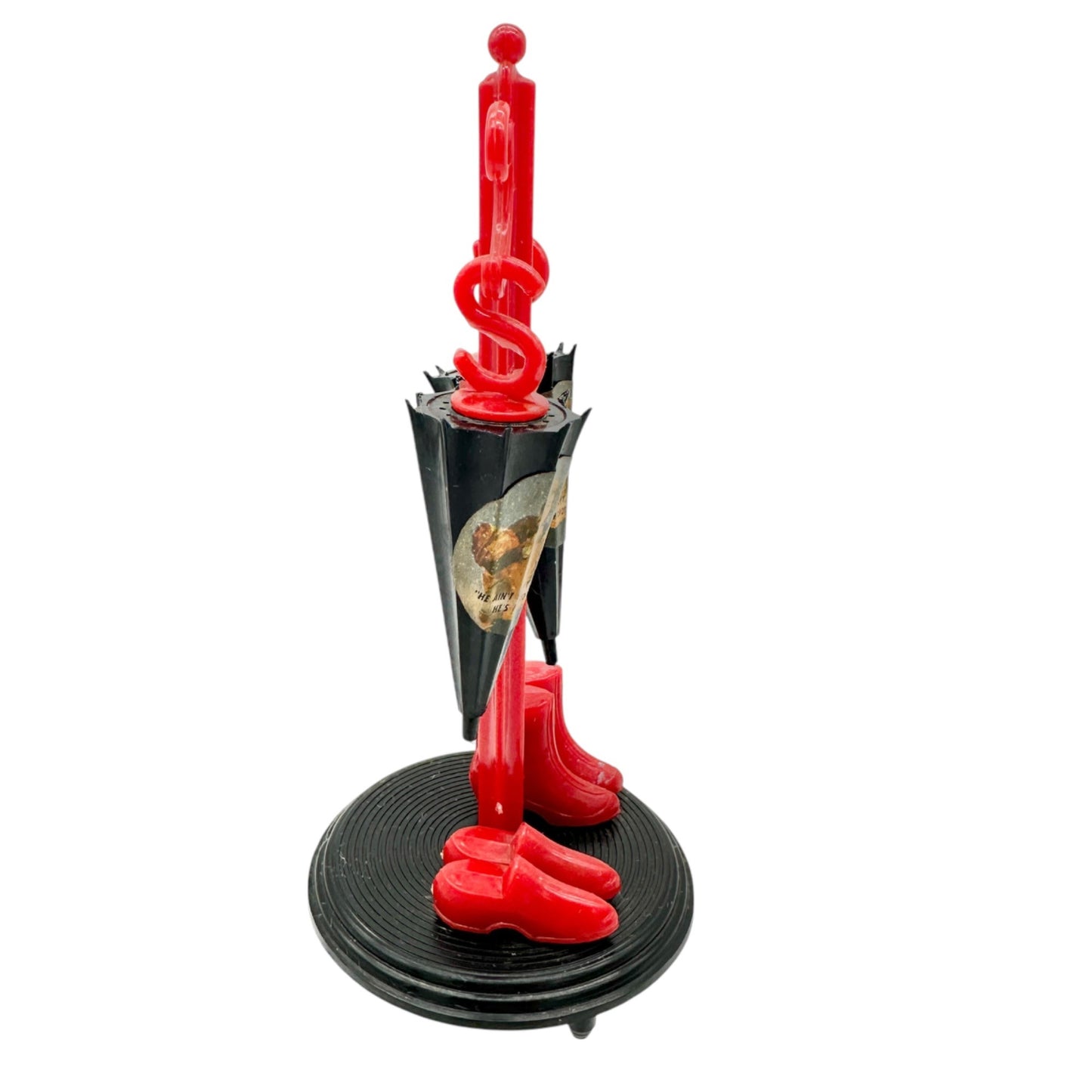 Vintage Novelty Umbrella Salt Pepper Shakers Stand Rain Boots Red Black Plastic