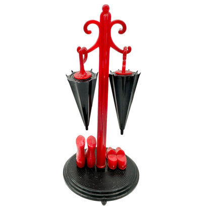Vintage Novelty Umbrella Salt Pepper Shakers Stand Rain Boots Red Black Plastic