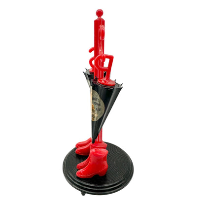 Vintage Novelty Umbrella Salt Pepper Shakers Stand Rain Boots Red Black Plastic