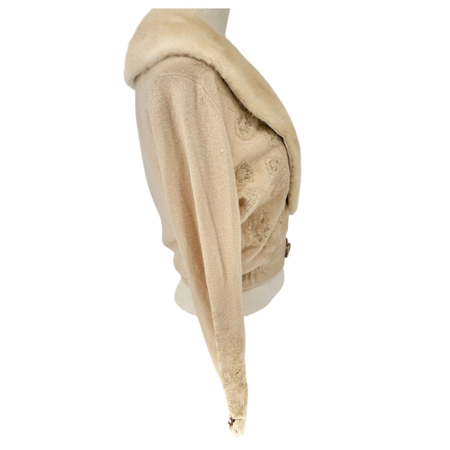 Vintage Pearl Kirsten Cardigan Womens S Beige Fur Collar Lace Rhinestone Detail