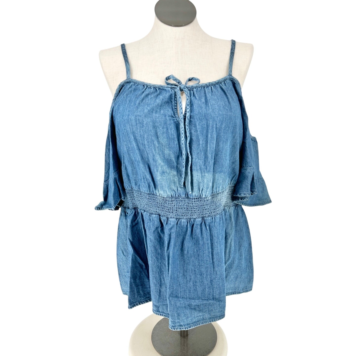 Lane Bryant Tunic Top Womens 22 Blue Cambray Off Shoulder Sleeves Smocked Waist