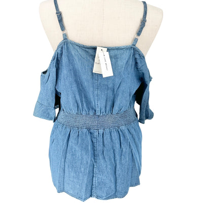 Lane Bryant Tunic Top Womens 22 Blue Cambray Off Shoulder Sleeves Smocked Waist