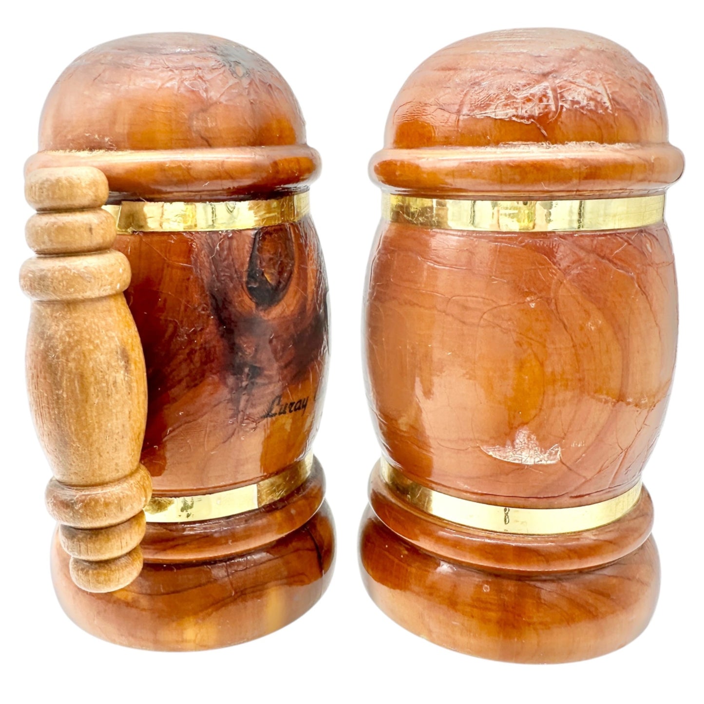 Vtg Luray Caverns Souvenir Wood Salt and Pepper Shakers Barrel Design Gold Trim
