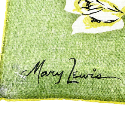 Vtg Mary Lewis Green Square Scarf Spanish Inspired Print Rose Guitar Fan Motif