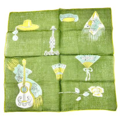 Vtg Mary Lewis Green Square Scarf Spanish Inspired Print Rose Guitar Fan Motif