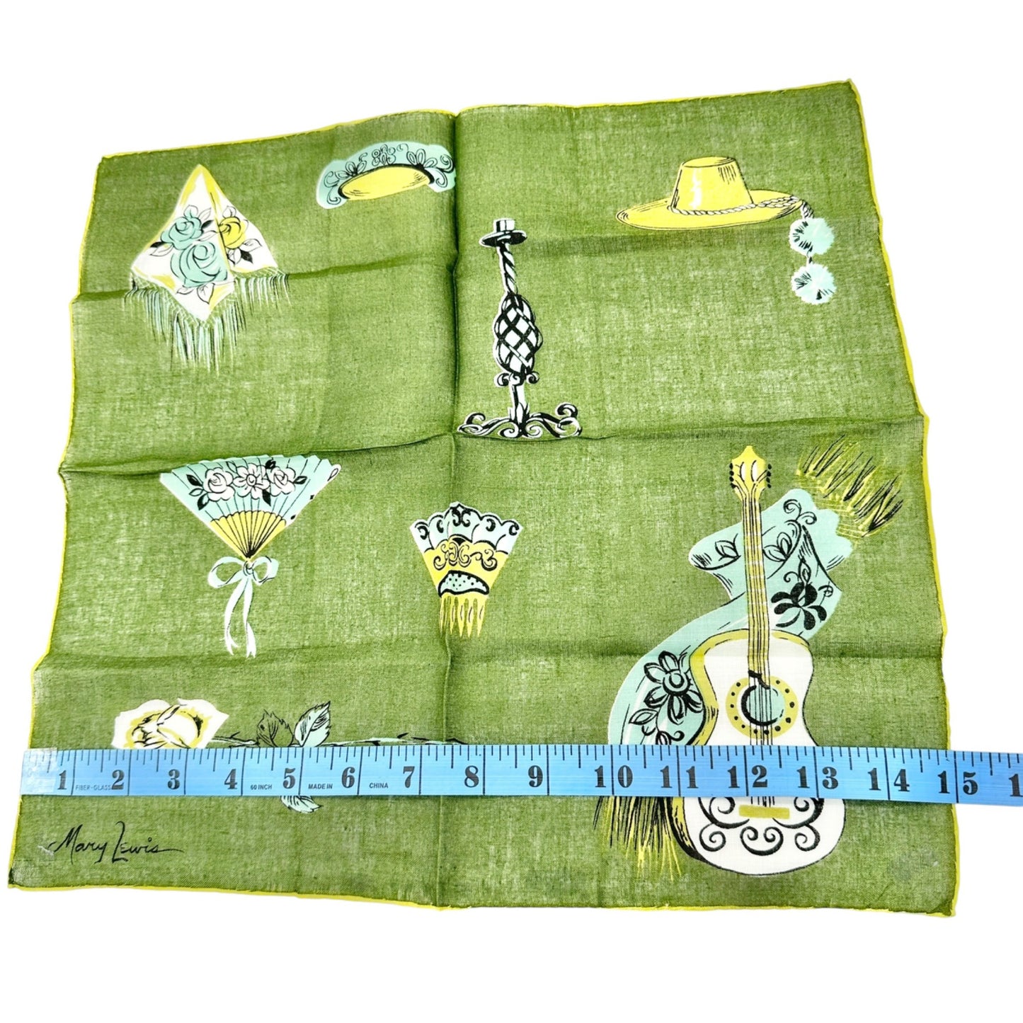 Vtg Mary Lewis Green Square Scarf Spanish Inspired Print Rose Guitar Fan Motif