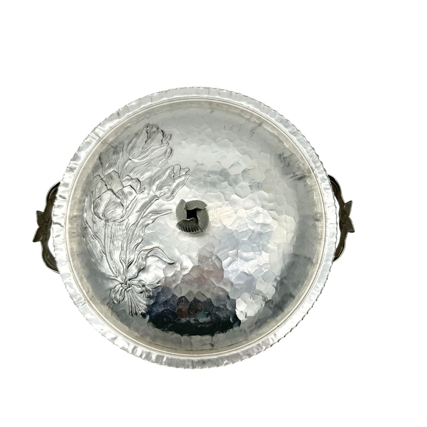 Vintage Covered Dish Hand-Hammered Aluminum Tulip Pattern Lid Handles 8.5 inch