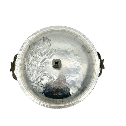 Vintage Covered Dish Hand-Hammered Aluminum Tulip Pattern Lid Handles 8.5 inch