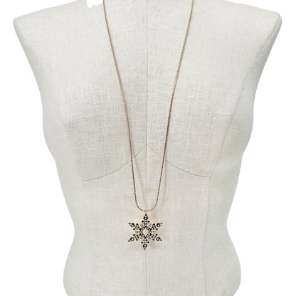 Snowflake Rhinestone Pendant Necklace 32 inches Gold Tone With Adjustable Chain