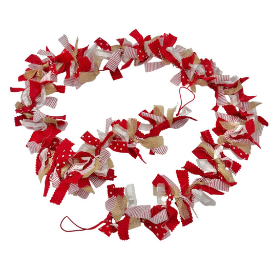 Handcrafted 68" Garland Red White and Brown Burlap and Fabric Hanging Rope Ends