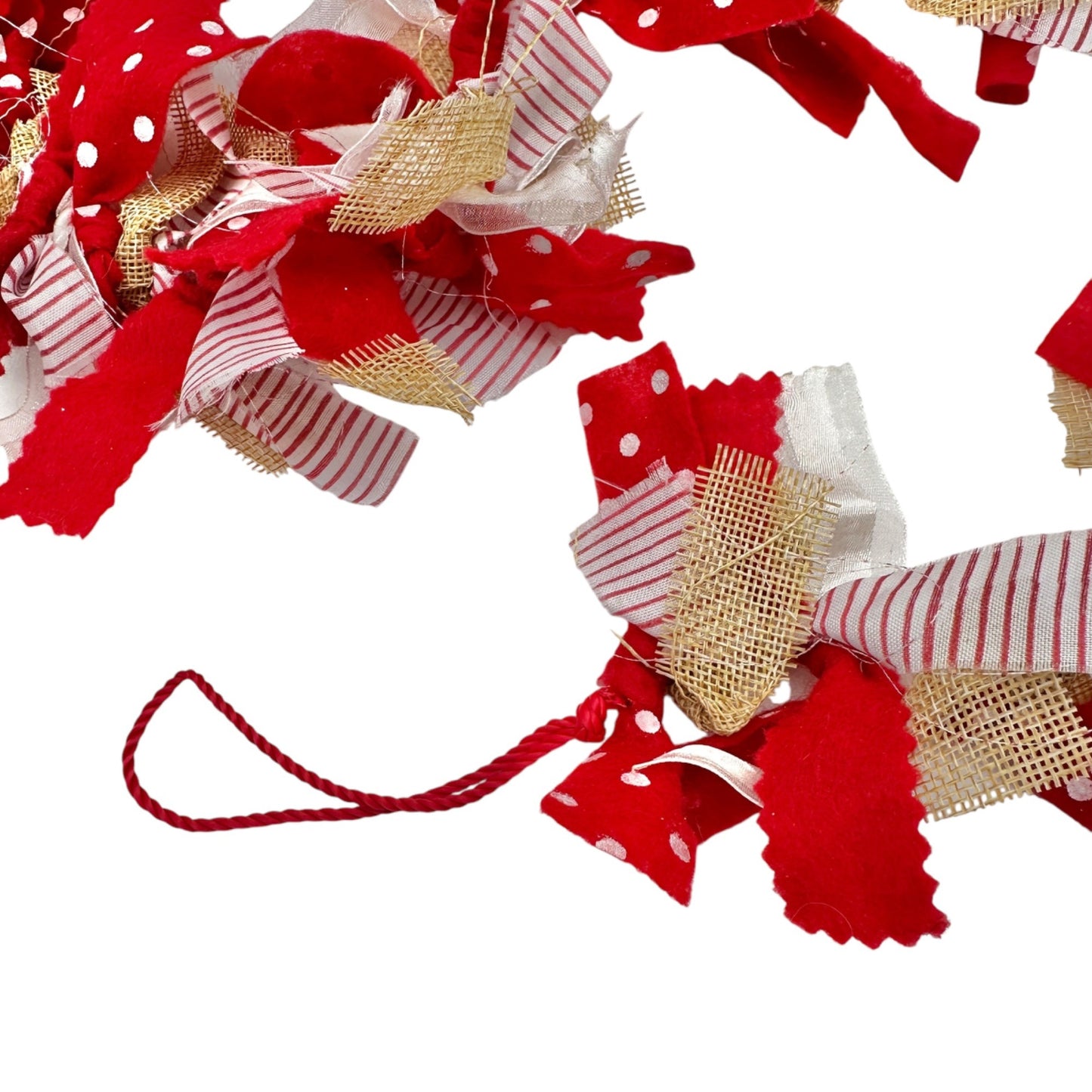 Handcrafted 68" Garland Red White and Brown Burlap and Fabric Hanging Rope Ends