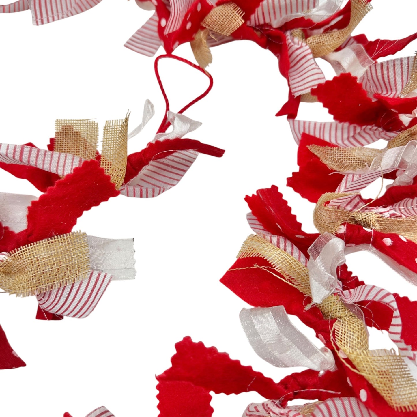 Handcrafted 68" Garland Red White and Brown Burlap and Fabric Hanging Rope Ends