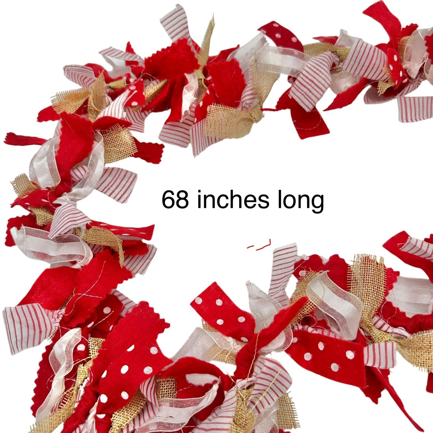 Handcrafted 68" Garland Red White and Brown Burlap and Fabric Hanging Rope Ends