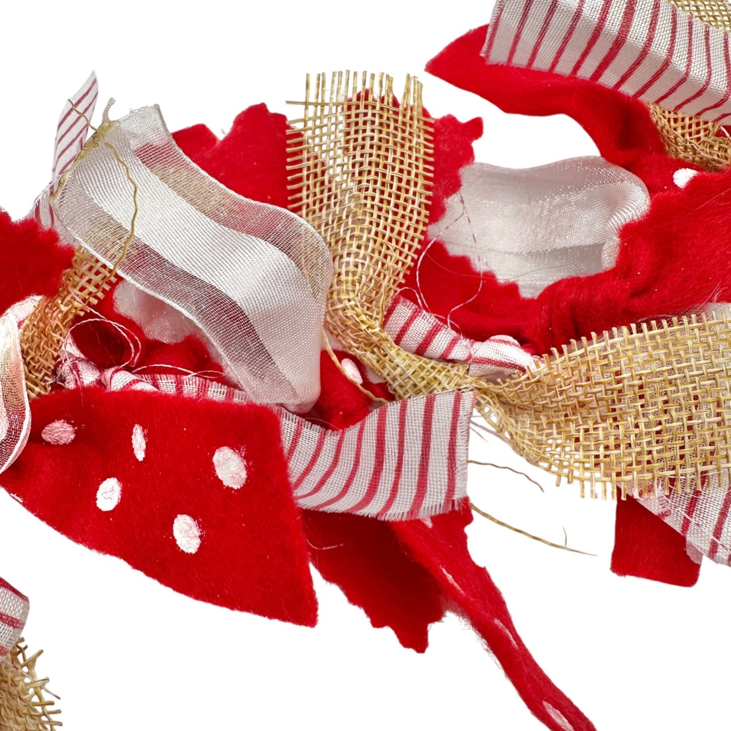 Handcrafted 68" Garland Red White and Brown Burlap and Fabric Hanging Rope Ends