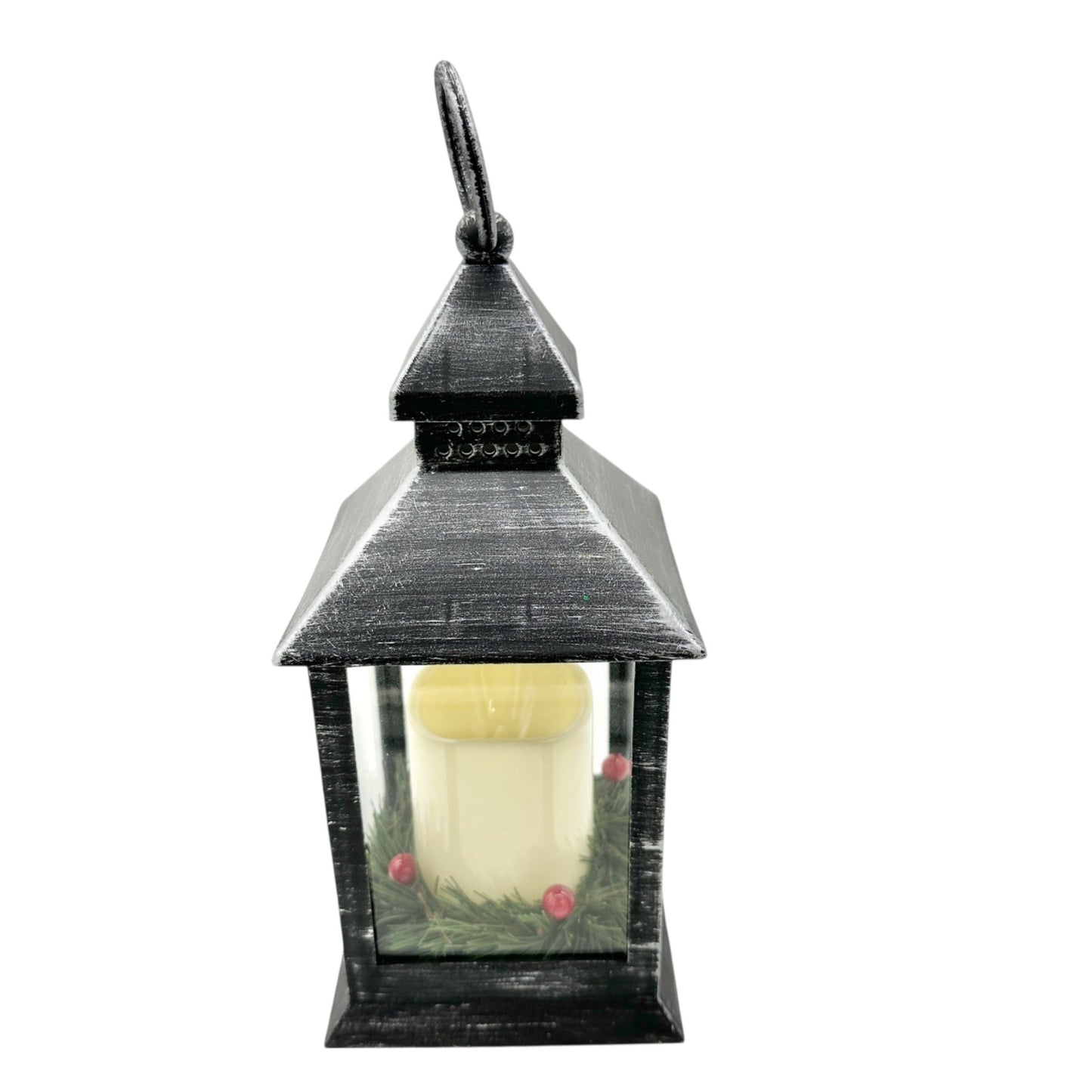 Christmas Lantern With LED Candle Black Silver Plastic Battery Operated WORKS