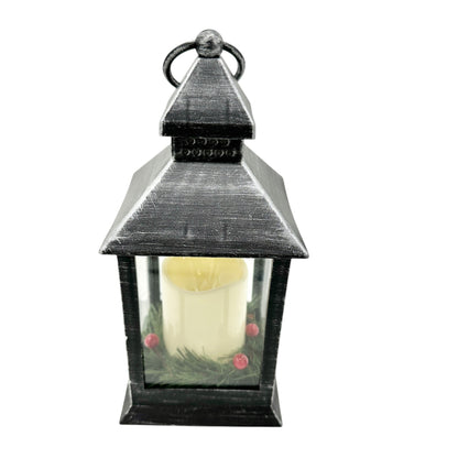 Christmas Lantern With LED Candle Black Silver Plastic Battery Operated WORKS