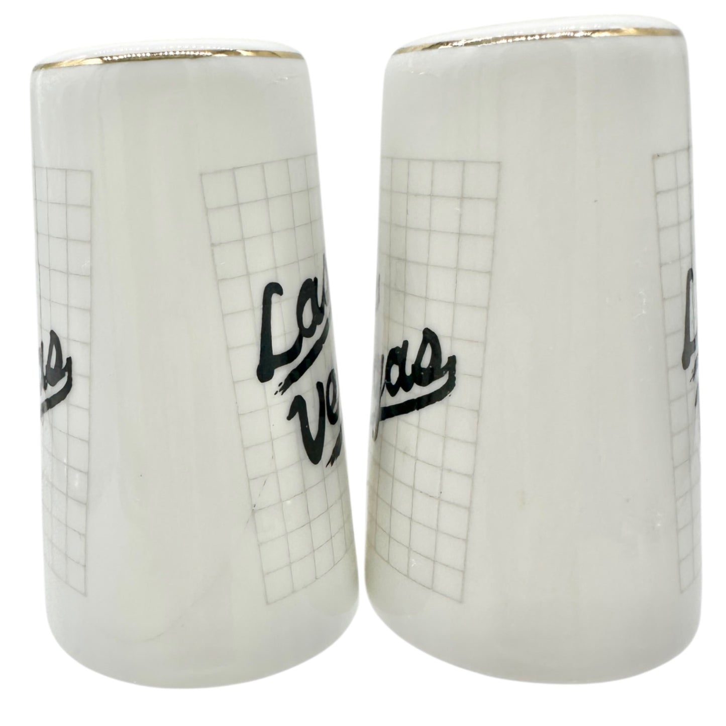Las Vegas Souvenir Ceramic Salt and Pepper Shakers White with Gold Trim 3" Tall