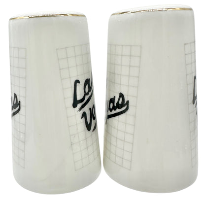 Las Vegas Souvenir Ceramic Salt and Pepper Shakers White with Gold Trim 3" Tall