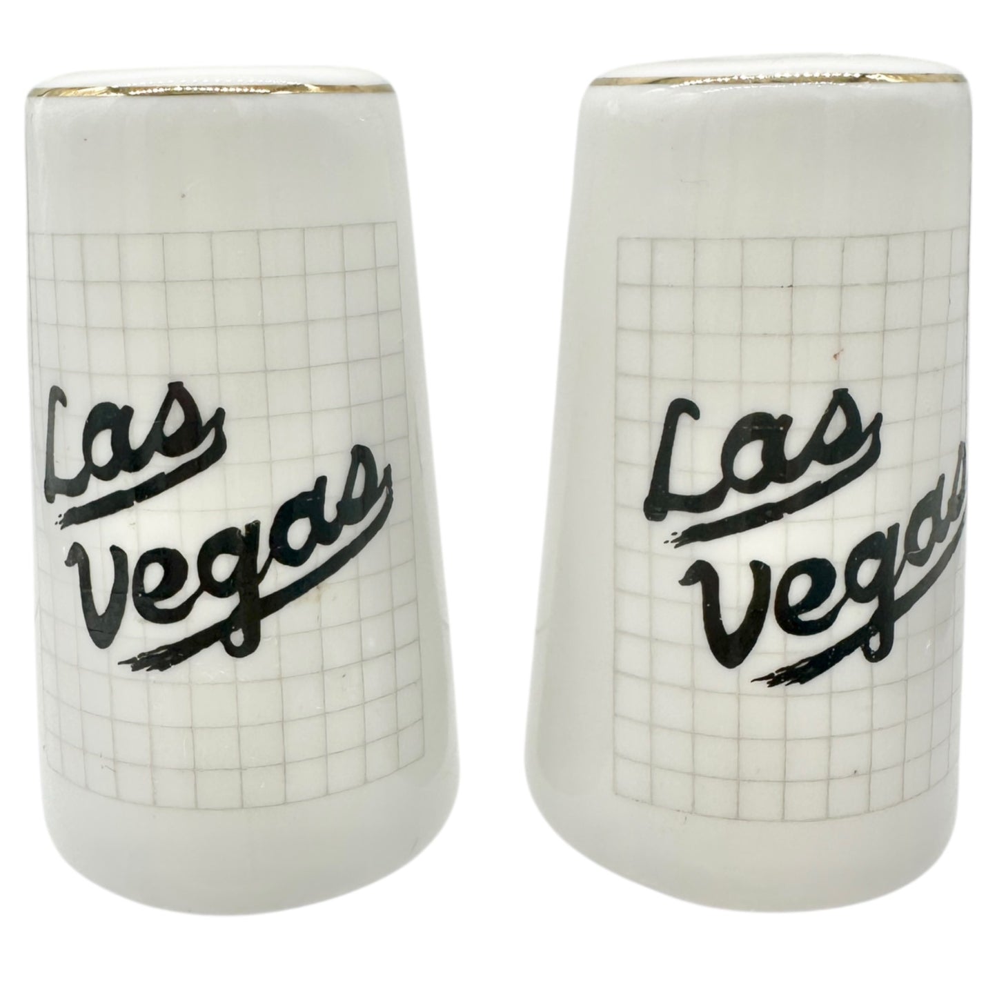 Las Vegas Souvenir Ceramic Salt and Pepper Shakers White with Gold Trim 3" Tall