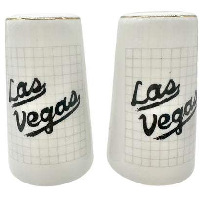 Las Vegas Souvenir Ceramic Salt and Pepper Shakers White with Gold Trim 3" Tall