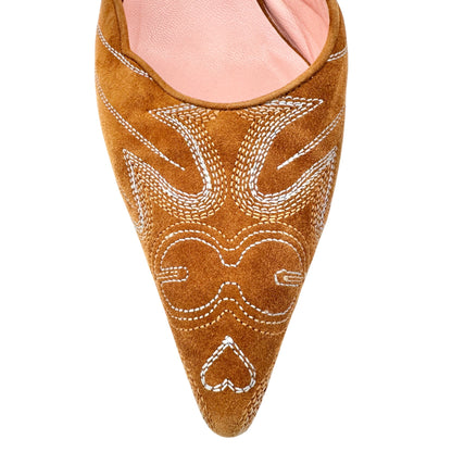 Escada Brown Suede Heels Size 38 Embroidered Details Pointed Toe Stiletto Heel