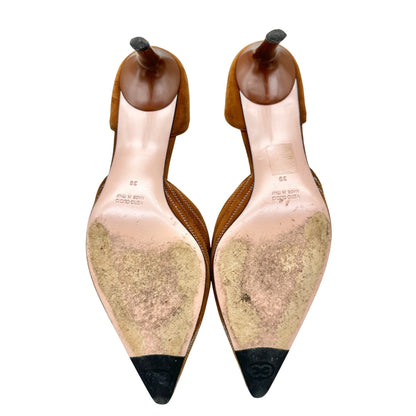 Escada Brown Suede Heels Size 38 Embroidered Details Pointed Toe Stiletto Heel