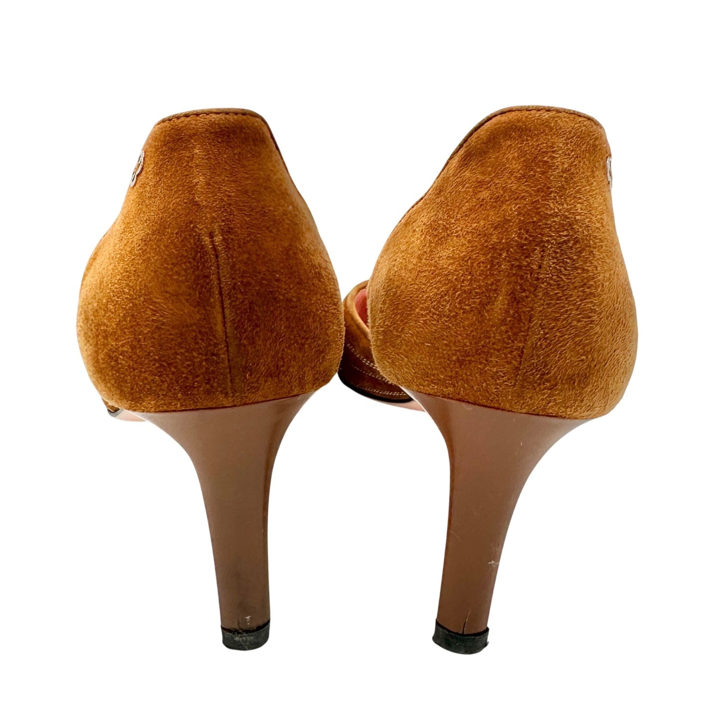 Escada Brown Suede Heels Size 38 Embroidered Details Pointed Toe Stiletto Heel