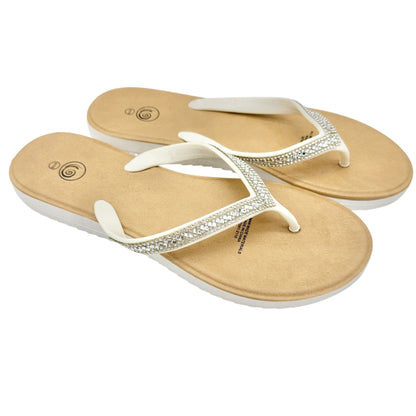 White Rhinestone Flip Flops Womens Size 9/10 Faux Leather Summer Casual Sandals