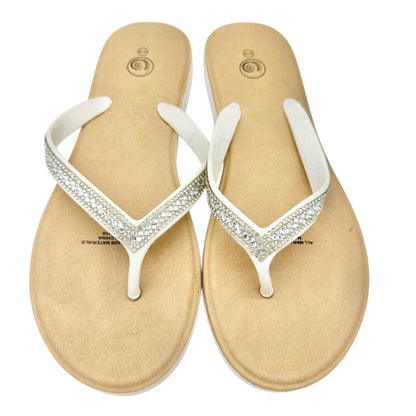 White Rhinestone Flip Flops Womens Size 9/10 Faux Leather Summer Casual Sandals
