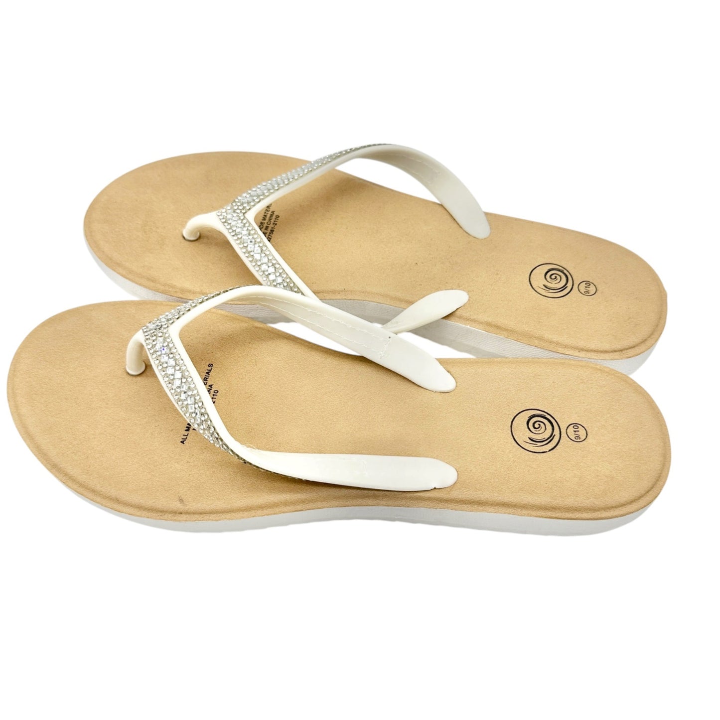 White Rhinestone Flip Flops Womens Size 9/10 Faux Leather Summer Casual Sandals
