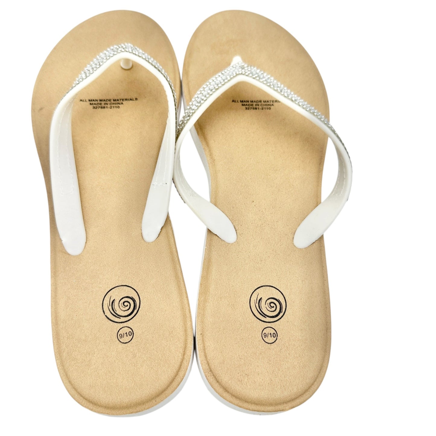 White Rhinestone Flip Flops Womens Size 9/10 Faux Leather Summer Casual Sandals